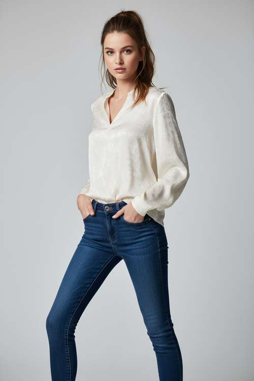 Modelo usando Calça Jeans Skinny Azul-marinho